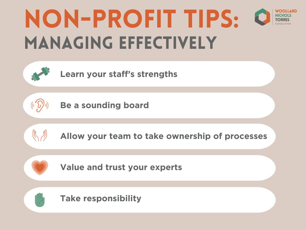 Graphic titled "Non-profit Tips: Managing Effectively" Learn your staff's strengths Be a sounding board Allow your team to take ownership of processes Value and trust your experts Take responsibility